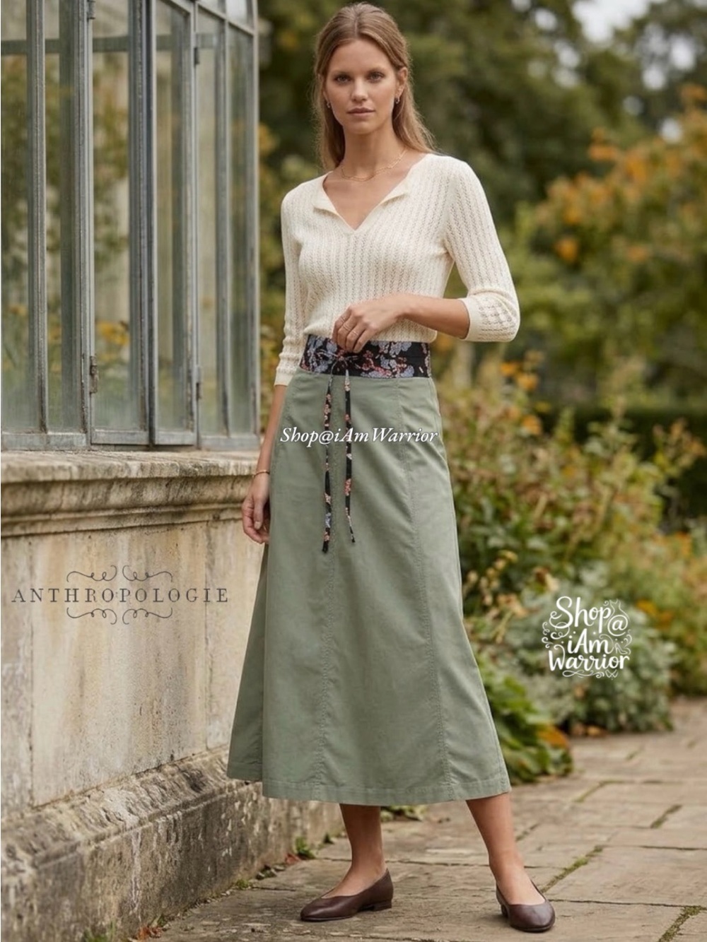Anthropologie Sitwell Olive A-Line Midi Skirt Floral Sash Belt *shop@iamwarrior